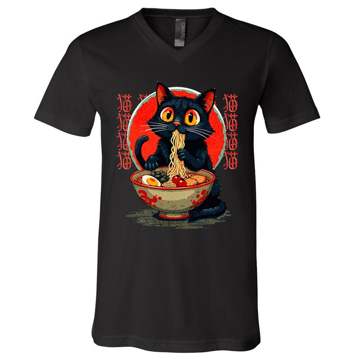 Anime Cute Cat Eating Ramen Japanese Noodles Vintage V-Neck T-Shirt