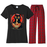 Anime Cute Cat Eating Ramen Japanese Noodles Vintage Women's Flannel Pajama Set