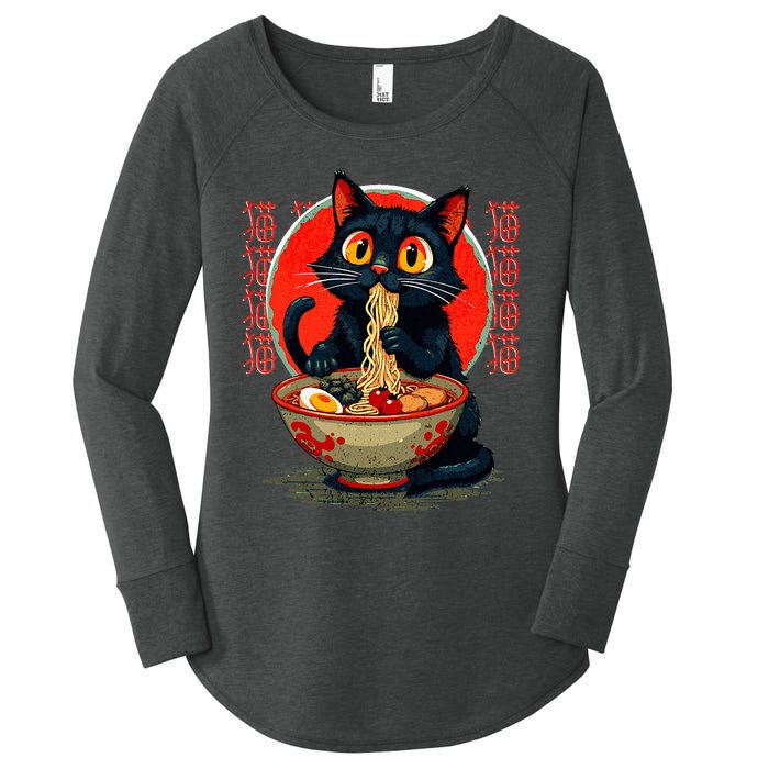 Anime Cute Cat Eating Ramen Japanese Noodles Vintage Women's Perfect Tri Tunic Long Sleeve Shirt