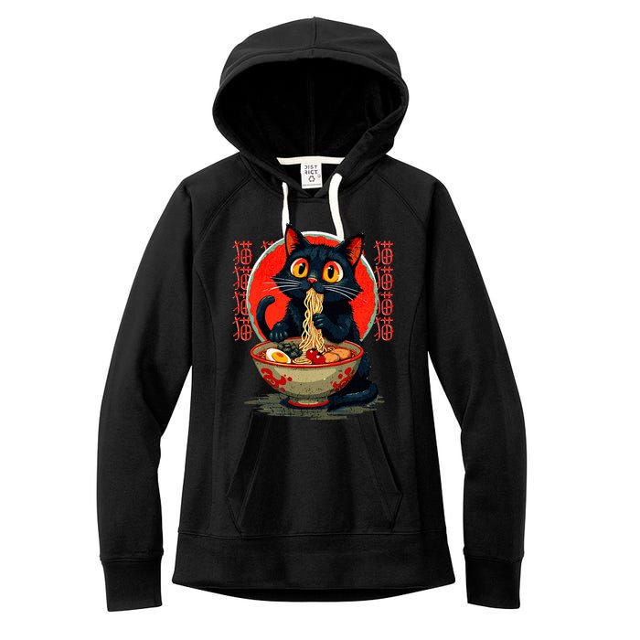 Anime Cute Cat Eating Ramen Japanese Noodles Vintage Women's Fleece Hoodie