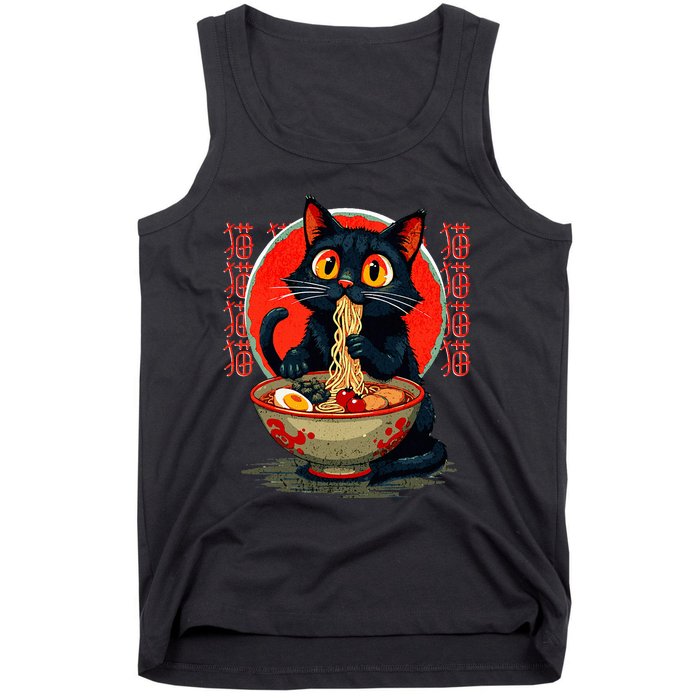 Anime Cute Cat Eating Ramen Japanese Noodles Vintage Tank Top