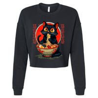 Anime Cute Cat Eating Ramen Japanese Noodles Vintage Cropped Pullover Crew