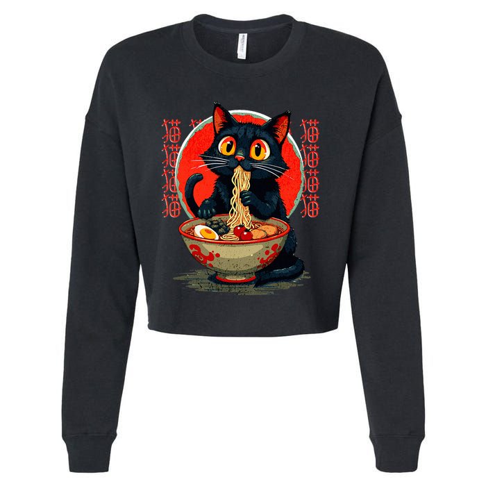 Anime Cute Cat Eating Ramen Japanese Noodles Vintage Cropped Pullover Crew