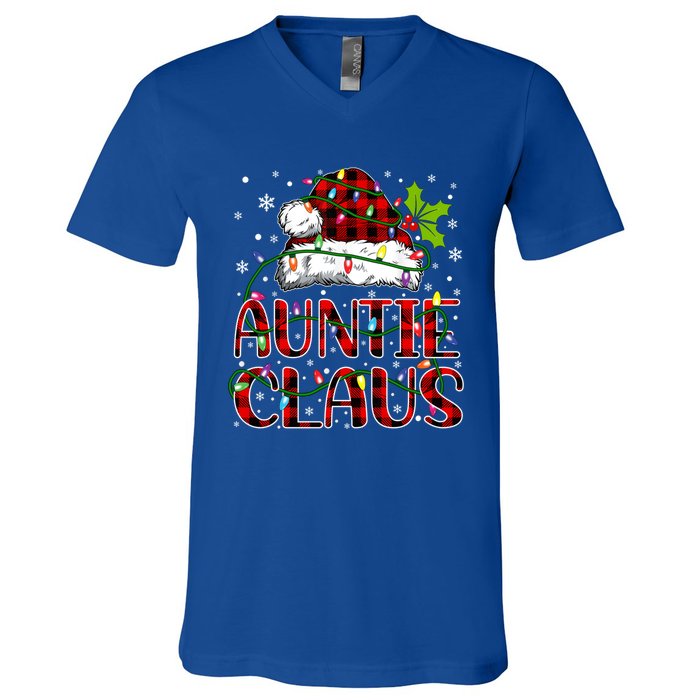 Auntie Claus Christmas Lights Matching Family Xmas Pajama Funny Gift V-Neck T-Shirt