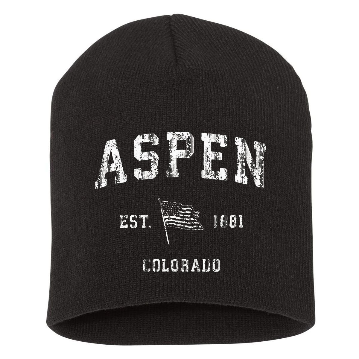 Aspen Colorado Co Vintage Us Flag Sports Design Short Acrylic Beanie