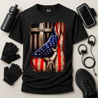 American Christian Cross Patriotic Flag Cooling Performance Crew T-Shirt