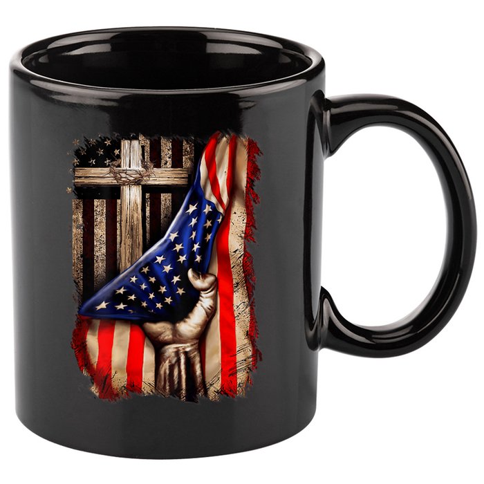 American Christian Cross Patriotic Flag 11oz C Handle Ceramic Mug