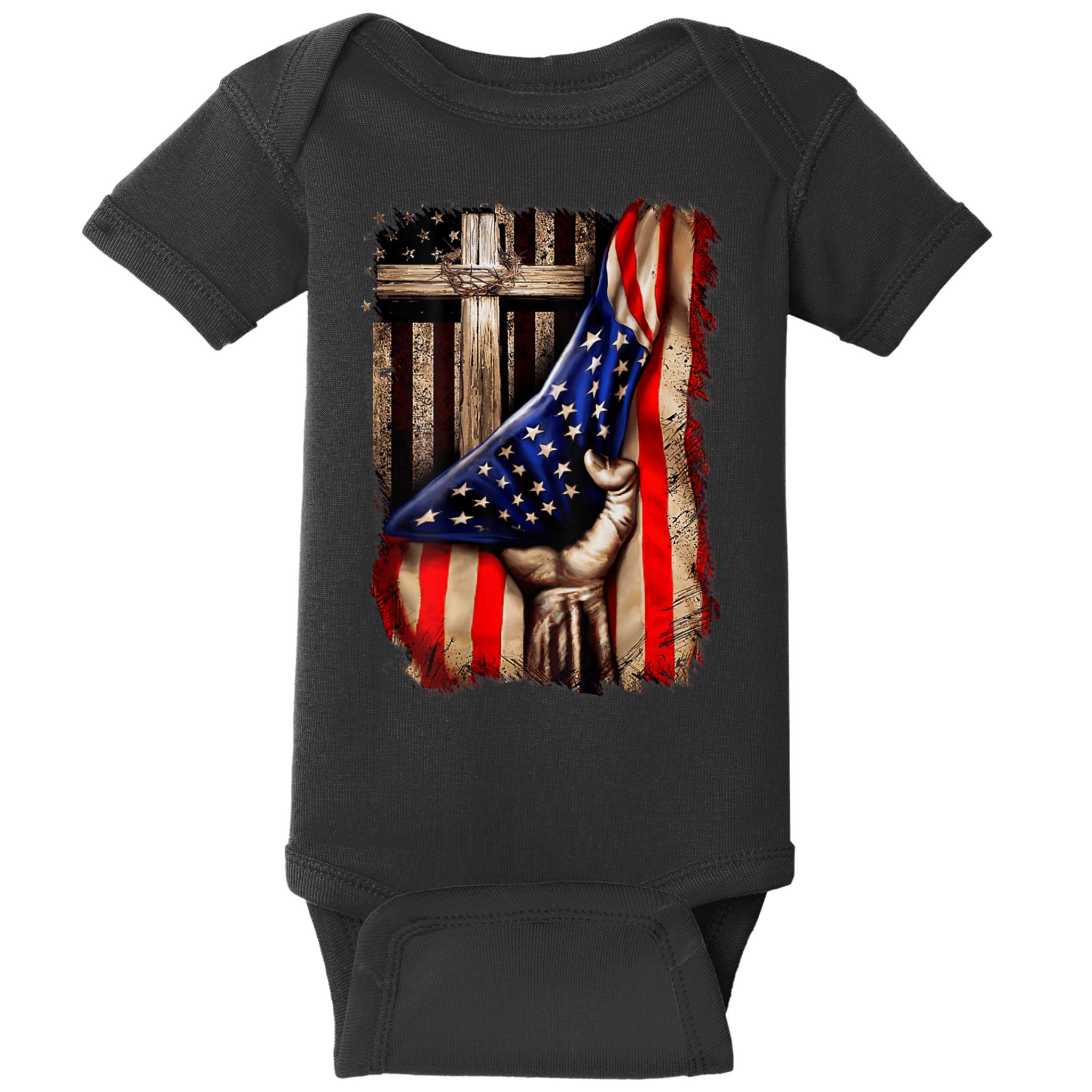 American Christian Cross Patriotic Flag Baby Bodysuit