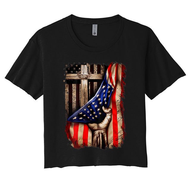American Christian Cross Patriotic Flag Crop Top