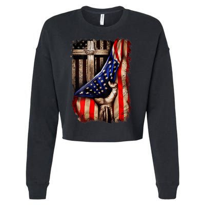 American Christian Cross Patriotic Flag Cropped Pullover Crew