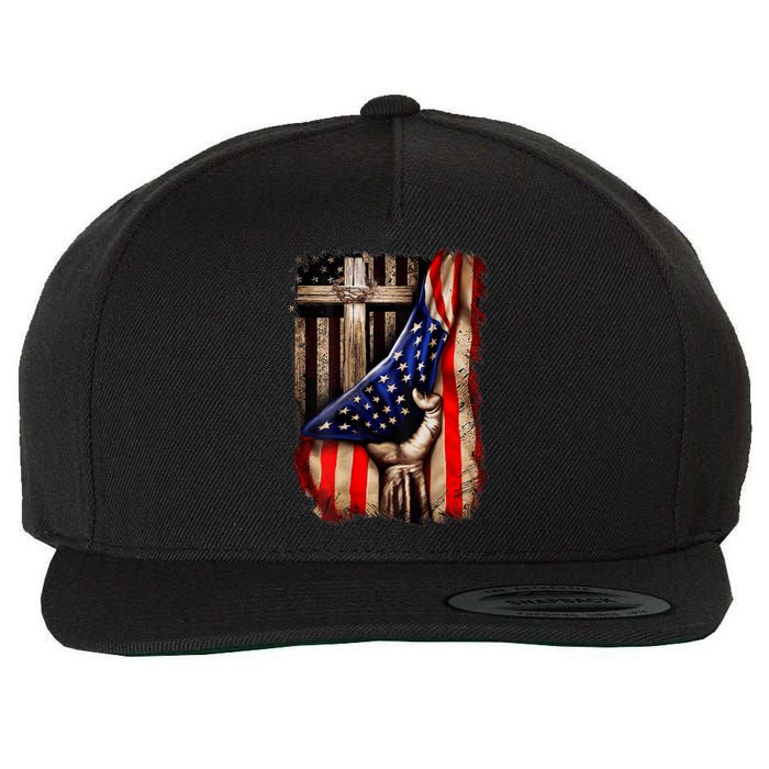 American Christian Cross Patriotic Flag Wool Snapback Cap