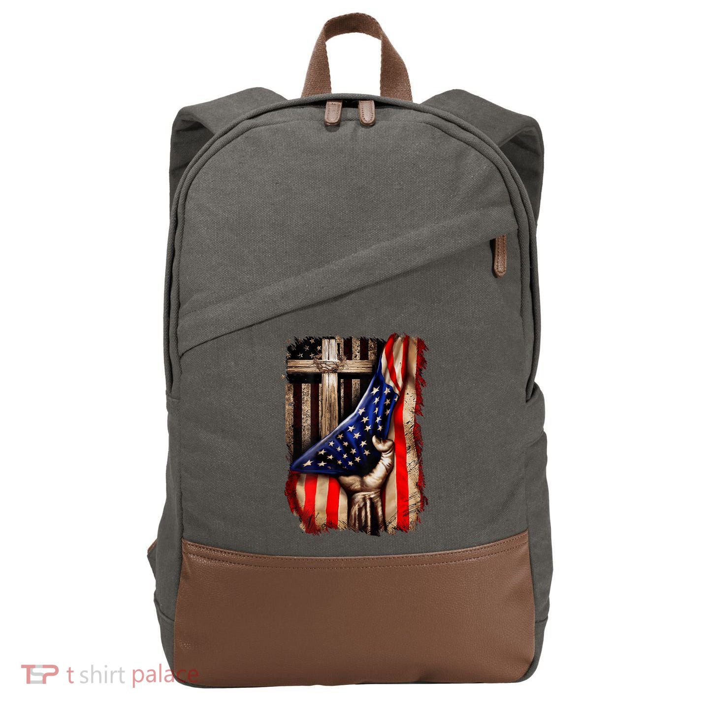 American Christian Cross Patriotic Flag Cotton Canvas Backpack