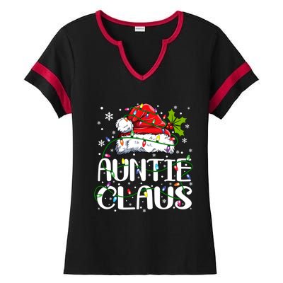 Auntie Claus Christmas Lights Pajama Family Matching Ladies Halftime Notch Neck Tee