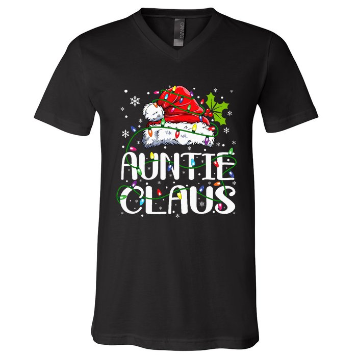 Auntie Claus Christmas Lights Pajama Family Matching V-Neck T-Shirt