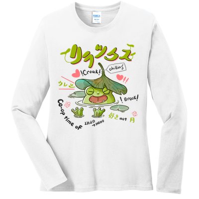 A Cute Cottagecore Aesthetic With A Frog Wearing A Snail Hat And Mushroom Ladies Long Sleeve Shirt