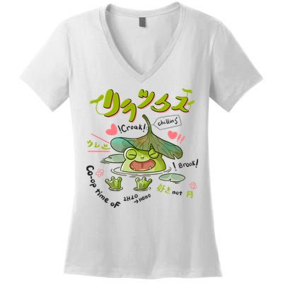 A Cute Cottagecore Aesthetic With A Frog Wearing A Snail Hat And Mushroom Women's V-Neck T-Shirt