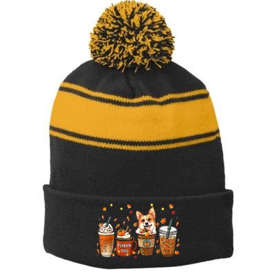 Autumn Corgi Coffee Mug with Pumpkin Spice Latte Stripe Pom Pom Beanie