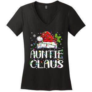 Auntie Claus Christmas Lights Pajama Family Matching Women's V-Neck T-Shirt