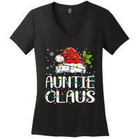 Auntie Claus Christmas Lights Pajama Family Matching Women's V-Neck T-Shirt