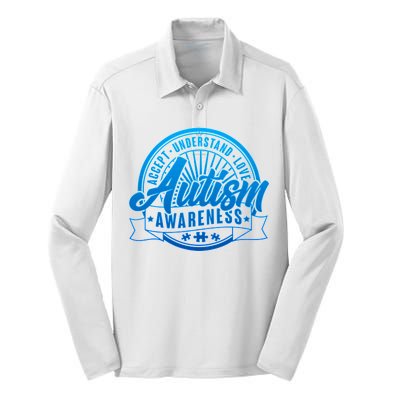 Accept Understand Love  Autism Blue Imprint Silk Touch Performance Long Sleeve Polo