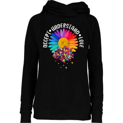 Accept Understand Love Autism Flower Puzzle Pieces Womens Funnel Neck Pullover Hood