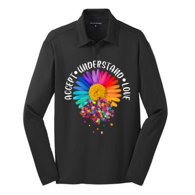 Accept Understand Love Autism Flower Puzzle Pieces Silk Touch Performance Long Sleeve Polo