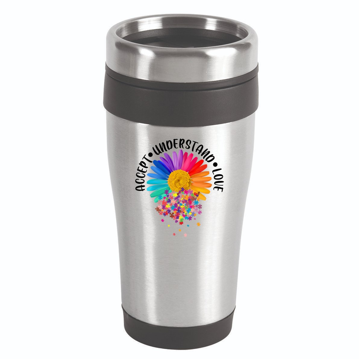 Accept Understand Love Autism Flower Puzzle Pieces 16oz Travel Tumbler
