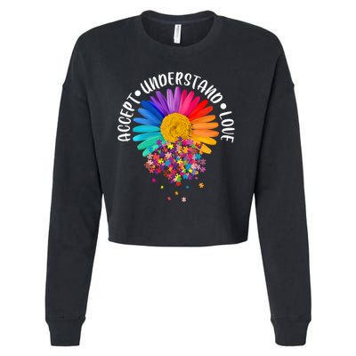 Accept Understand Love Autism Flower Puzzle Pieces Cropped Pullover Crew