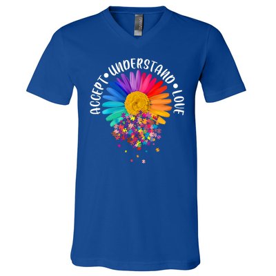 Accept Understand Love Autism Flower Puzzle Pieces V-Neck T-Shirt