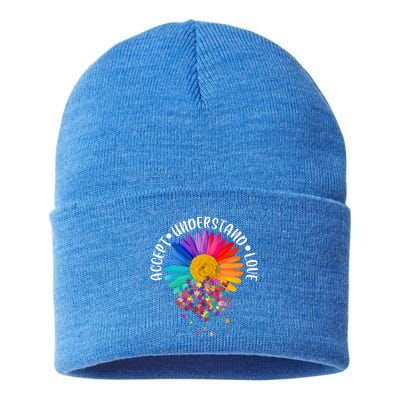 Accept Understand Love Autism Flower Puzzle Pieces Sustainable Knit Beanie