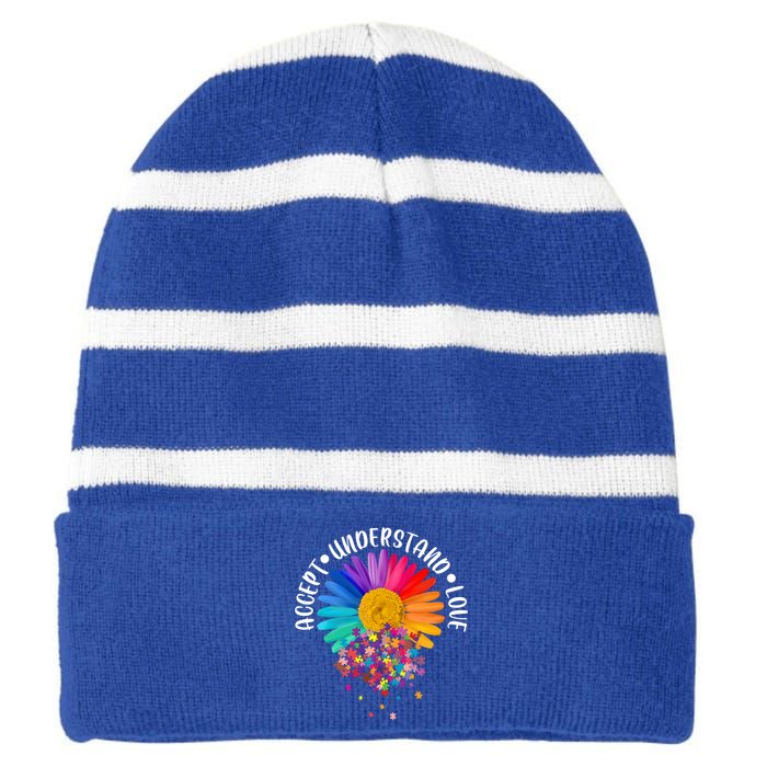 Accept Understand Love Autism Flower Puzzle Pieces Striped Beanie with Solid Band