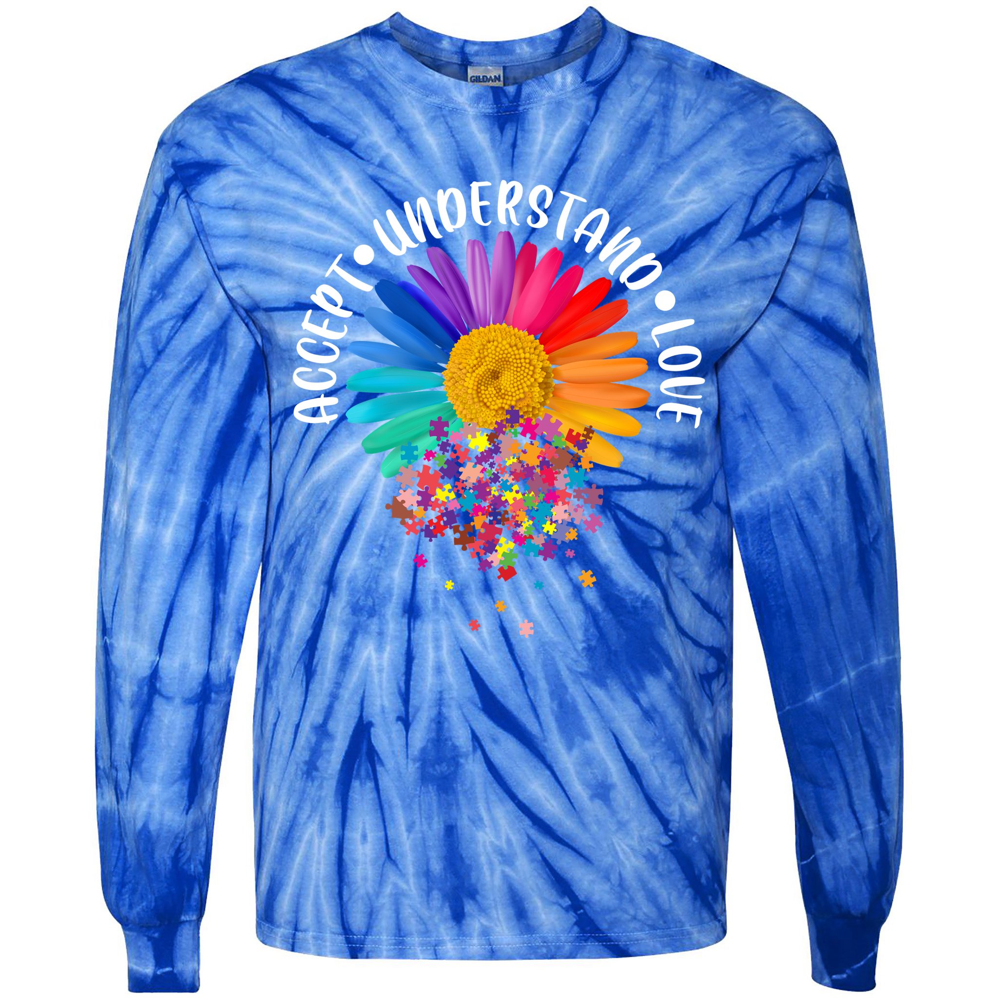 Accept Understand Love Autism Flower Puzzle Pieces Tie-Dye Long Sleeve Shirt