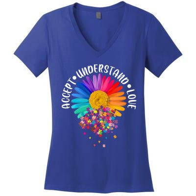 Accept Understand Love Autism Flower Puzzle Pieces Women's V-Neck T-Shirt