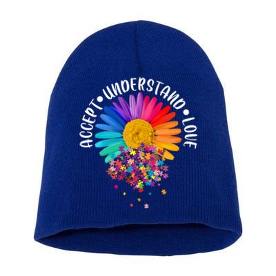 Accept Understand Love Autism Flower Puzzle Pieces Short Acrylic Beanie