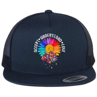 Accept Understand Love Autism Flower Puzzle Pieces Flat Bill Trucker Hat