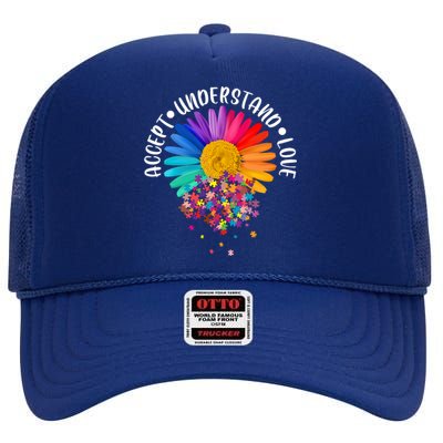 Accept Understand Love Autism Flower Puzzle Pieces High Crown Mesh Back Trucker Hat