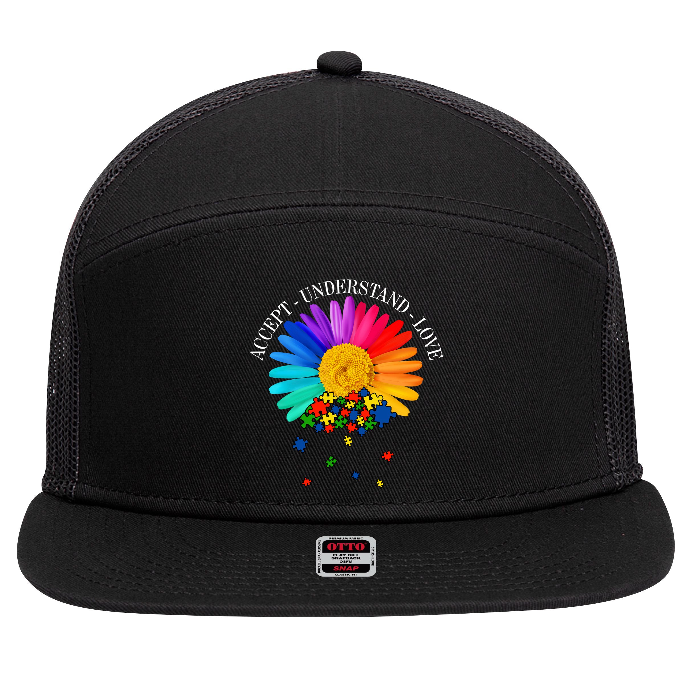 Accept Understand Love Autism Sunflower 7 Panel Mesh Trucker Snapback Hat