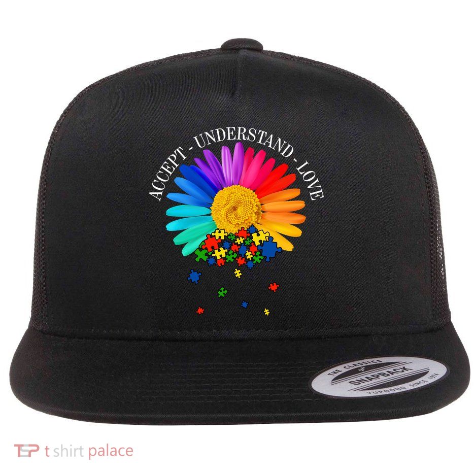 Accept Understand Love Autism Sunflower Flat Bill Trucker Hat