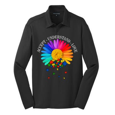 Accept Understand Love Autism Sunflower Silk Touch Performance Long Sleeve Polo