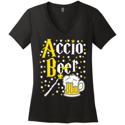Accio Beer Wizard Wand Funny St Patrick's Day Women's V-Neck T-Shirt
