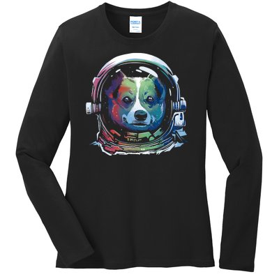 Astronaut Colorful Dog Ladies Long Sleeve Shirt