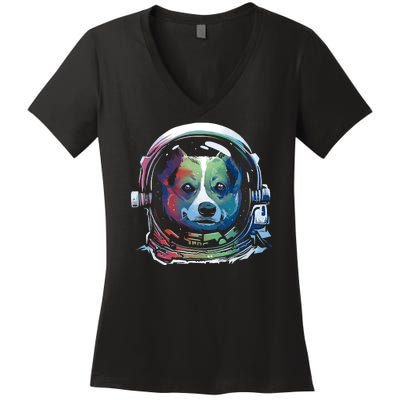 Astronaut Colorful Dog Women's V-Neck T-Shirt