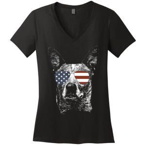 Australian Cattle Dog USA Flag Merica Funny Cute Women Women's V-Neck T-Shirt