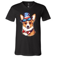 Atriotic Corgi Dog Fourth Of July 4th America Flag V-Neck T-Shirt