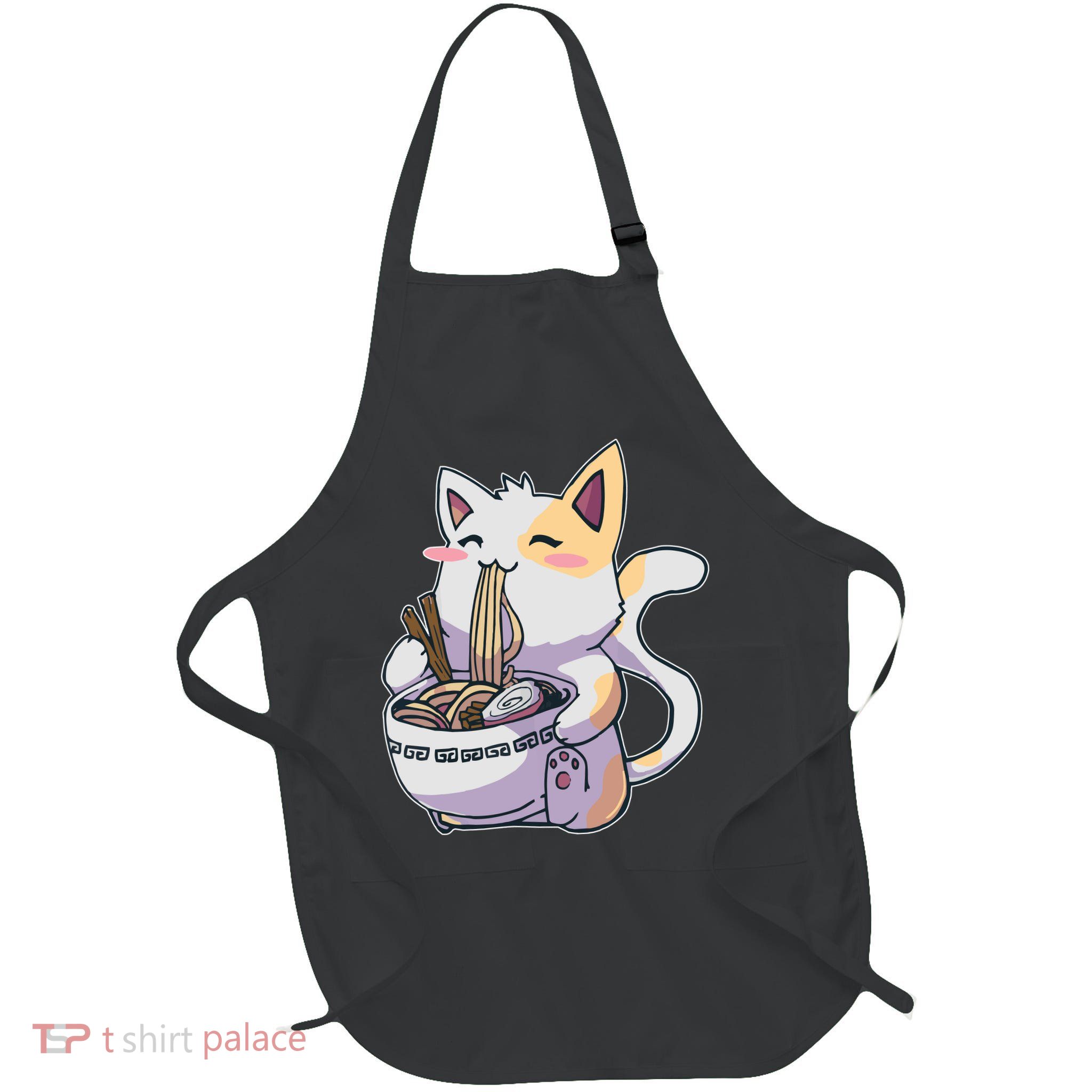 Anime Cat Eating Ramen Full-Length Apron With Pockets