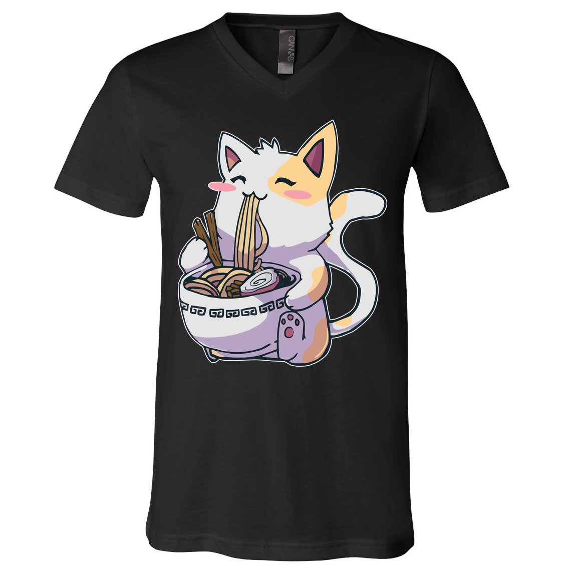 Anime Cat Eating Ramen V-Neck T-Shirt