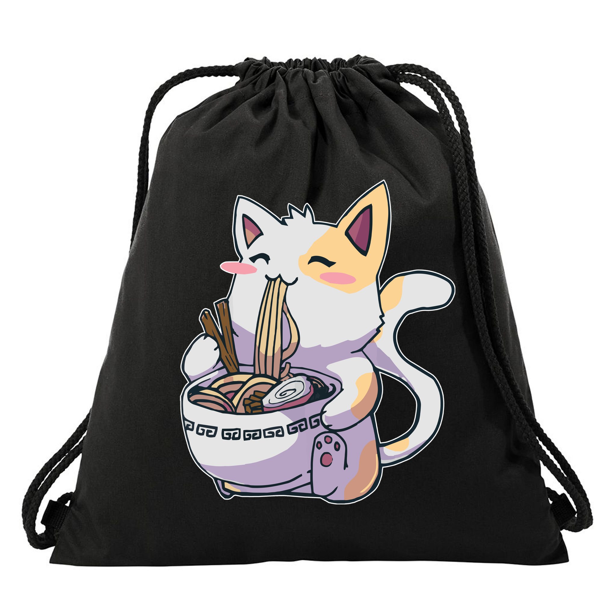 Anime Cat Eating Ramen Drawstring Bag