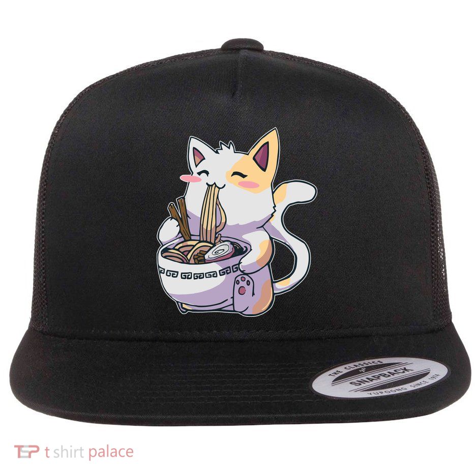 Anime Cat Eating Ramen Flat Bill Trucker Hat