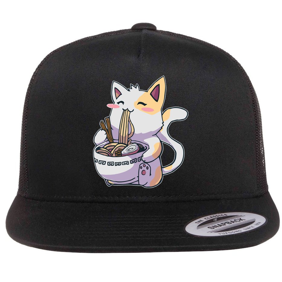 Anime Cat Eating Ramen Flat Bill Trucker Hat