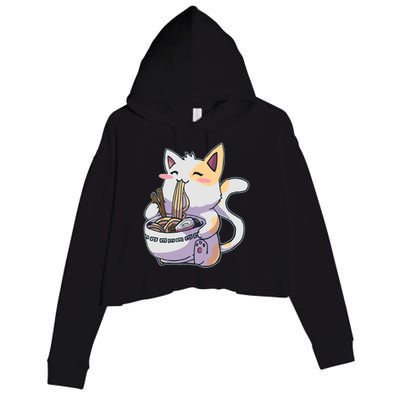 Anime Cat Eating Ramen Crop Fleece Hoodie